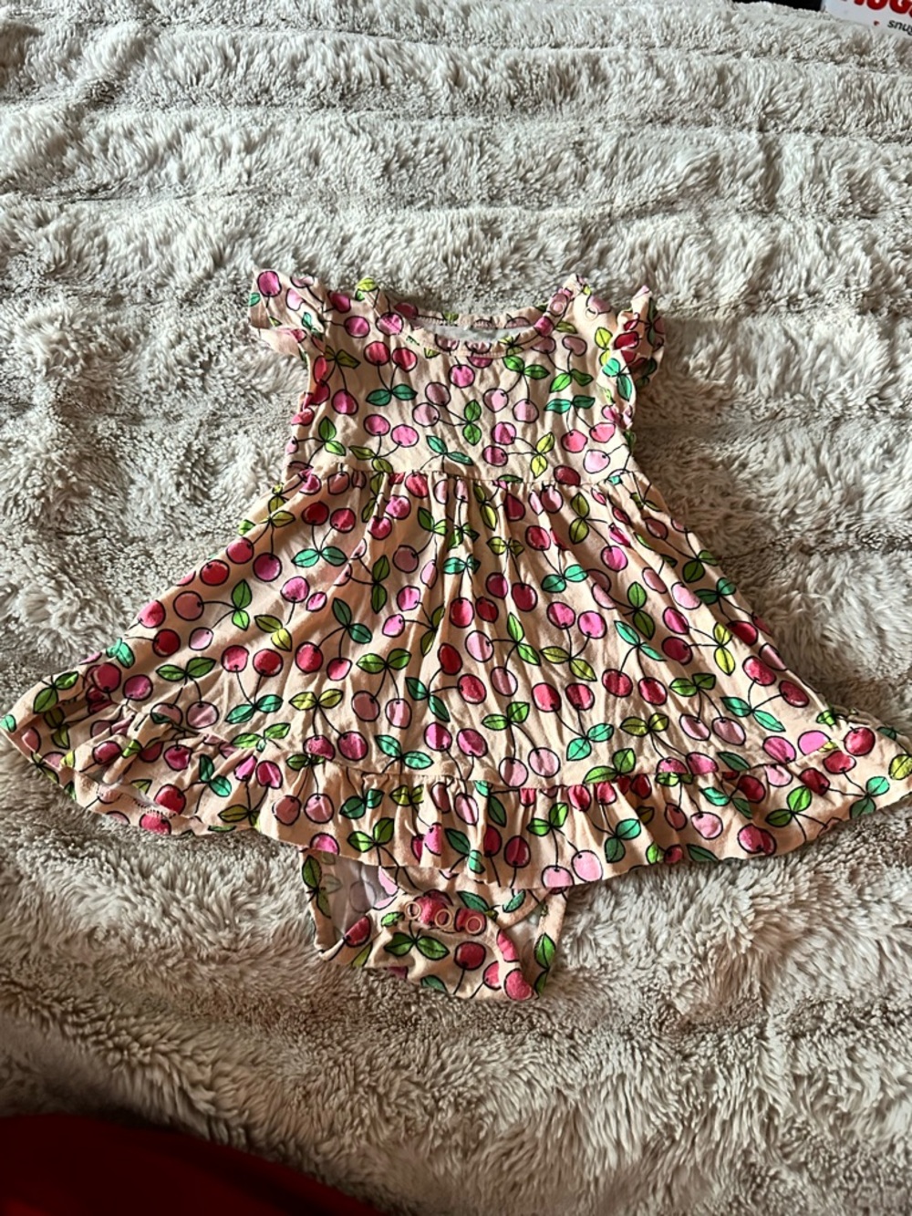 Posh Peanut Pink Cherry & Green Leaf Ruffle Dress